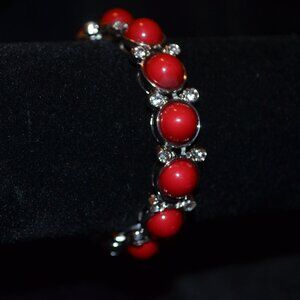 Unnamed Bracelet Silverton Cell-Beads Red Faux Stones WhiteCrystals Elastic 3.5'